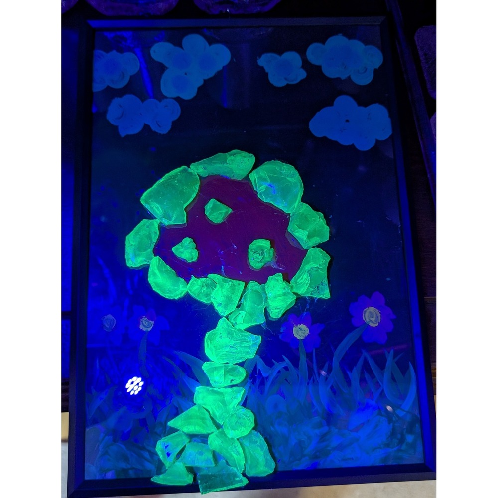 Handmade UV Glow Mushroom Slag Glass Mixed Media Framed Art Blacklight Trippy